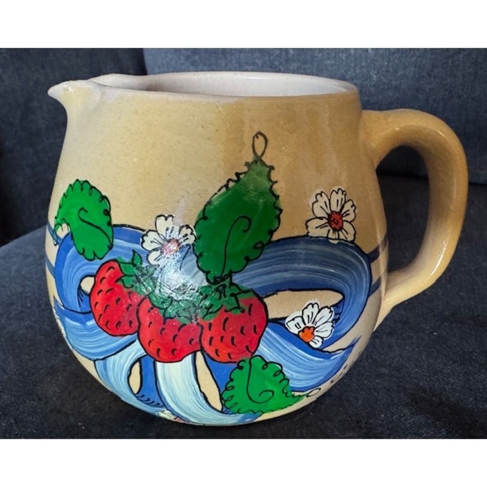 Vintage Hand Painted Stoneware Strawberry Pitcher Signed Artist Studio Pottery
